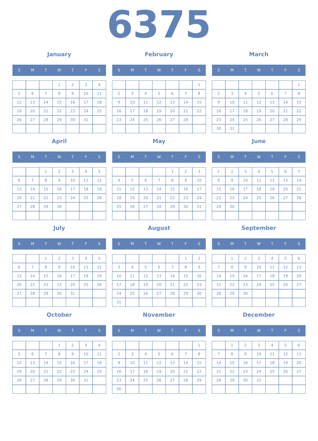 Printable 6375 Year Calendars glaucous