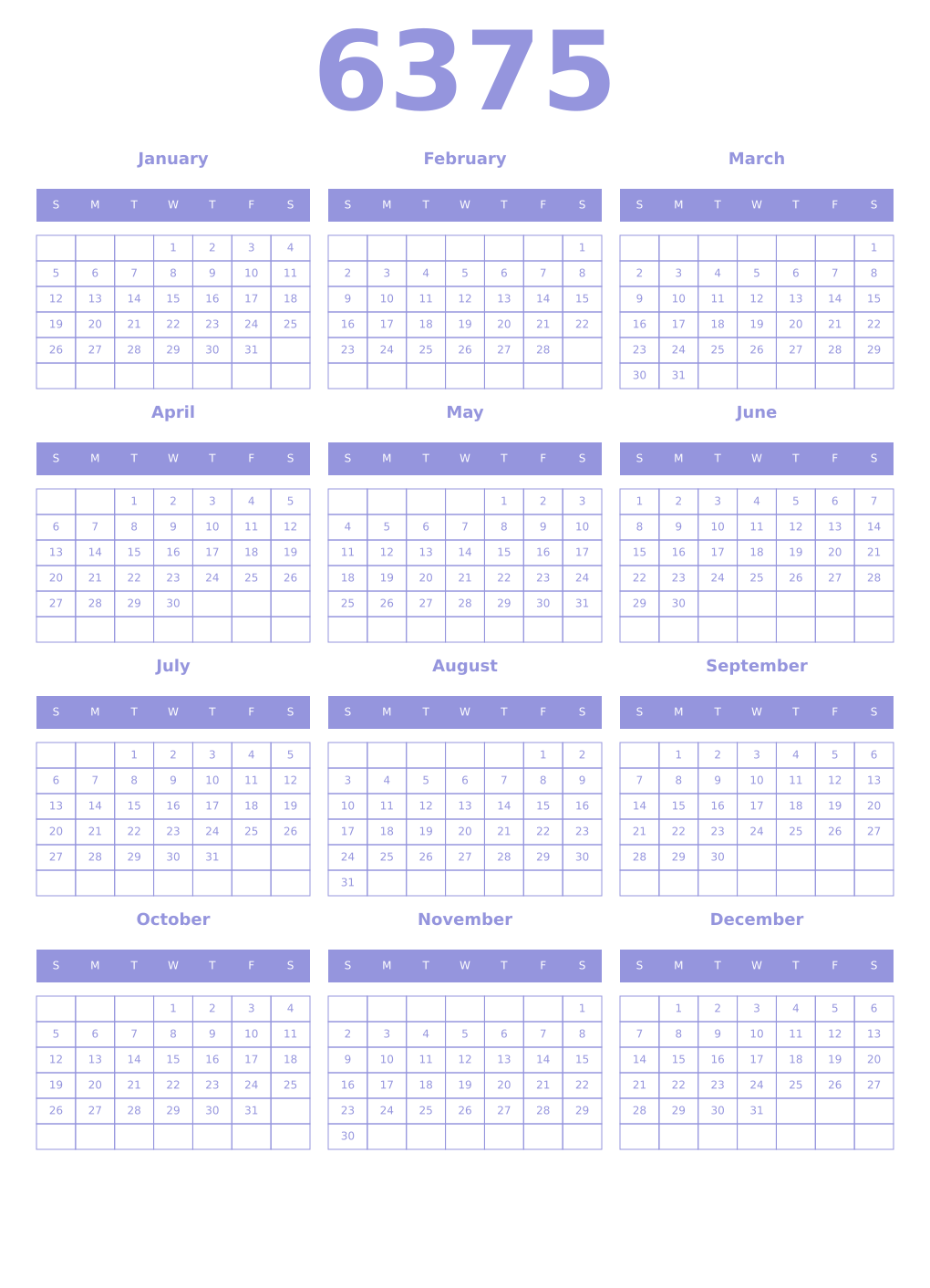 Printable 6375 Year Calendars periwinkle