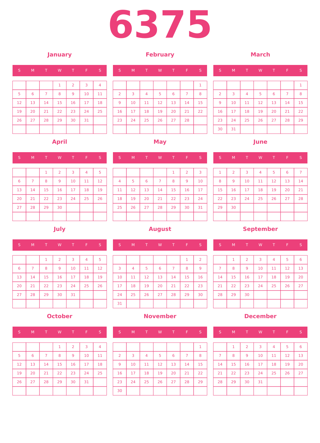 Printable 6375 Year Calendars pink