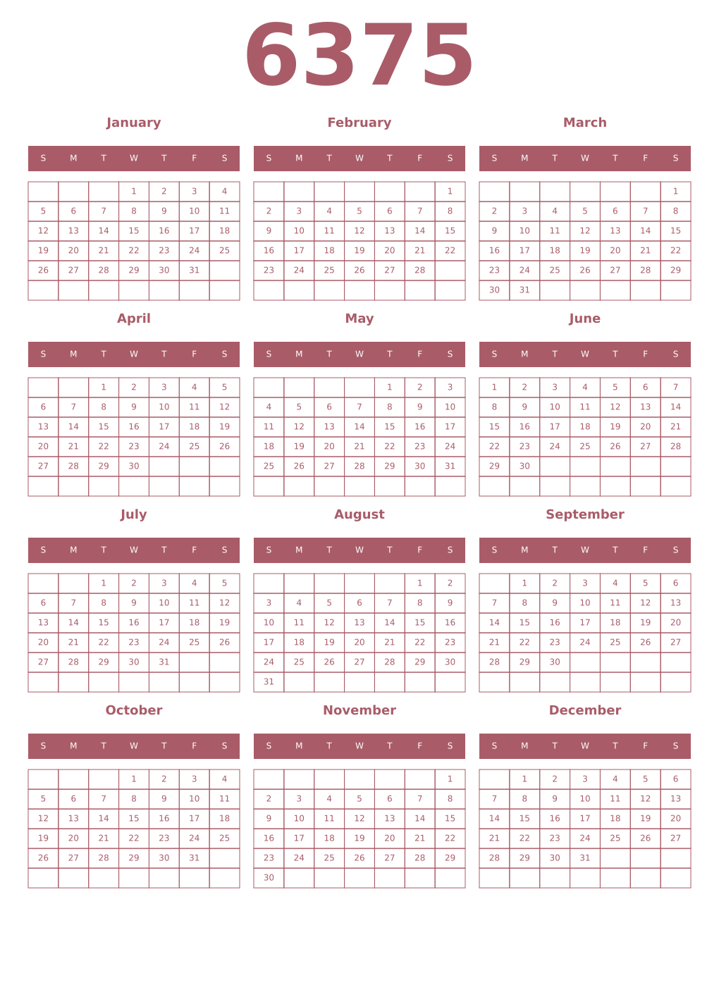Printable 6375 Year Calendars puce
