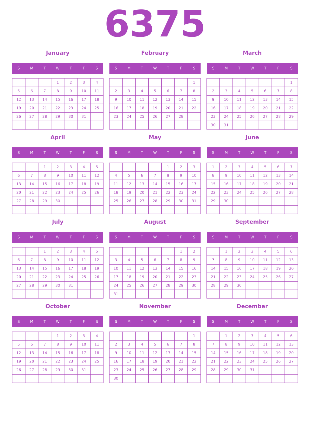 Printable 6375 Year Calendars purple