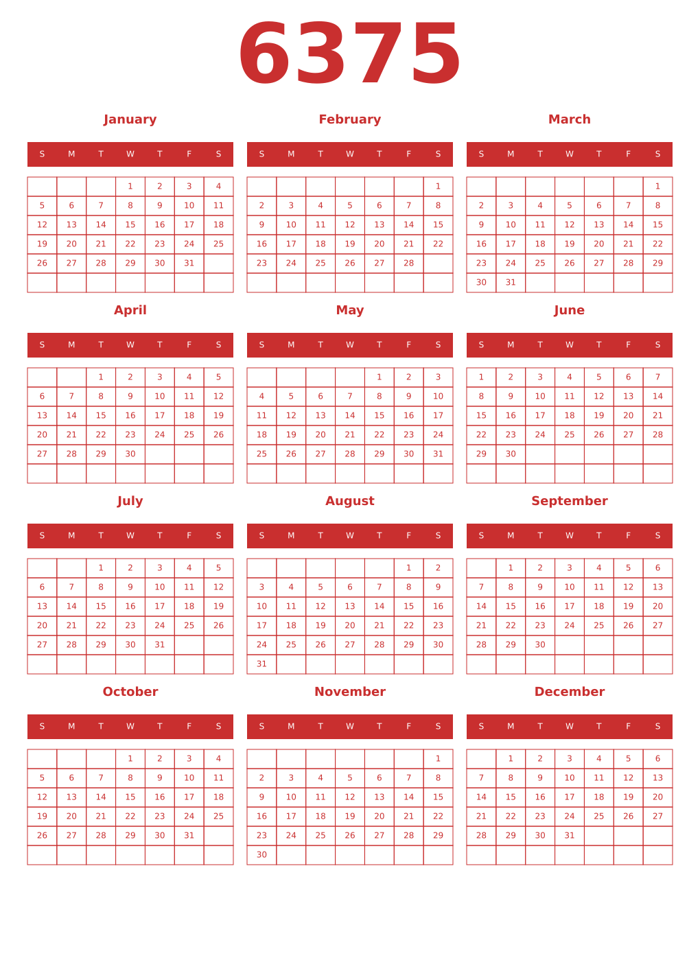 Printable 6375 Year Calendars red