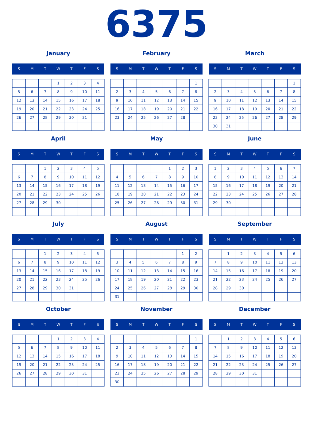 Printable 6375 Year Calendars smalt