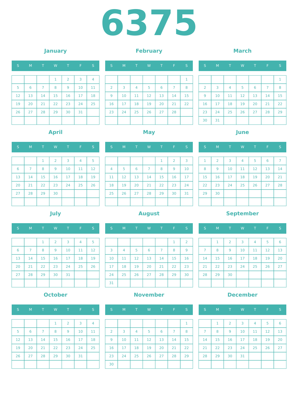 Printable 6375 Year Calendars verdigris