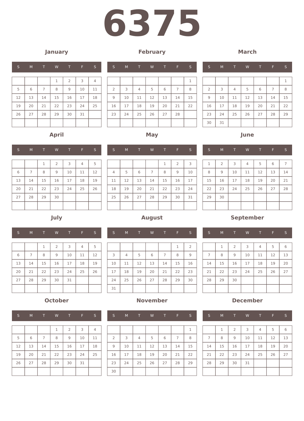 Printable 6375 Year Calendars wenge