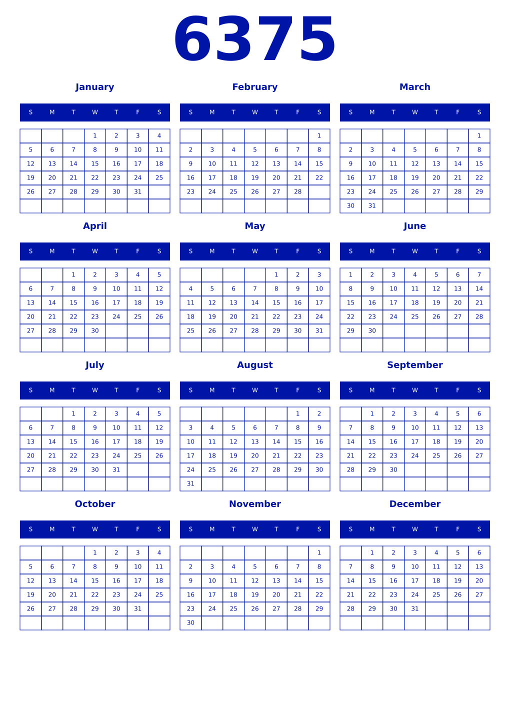 Printable 6375 Year Calendars zaffre