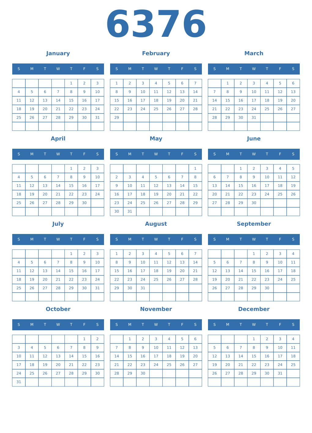 Printable 6376 Year Calendars blue