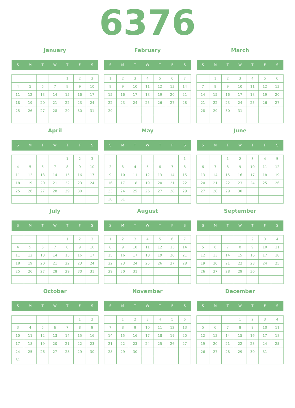 Printable 6376 Year Calendars celadon