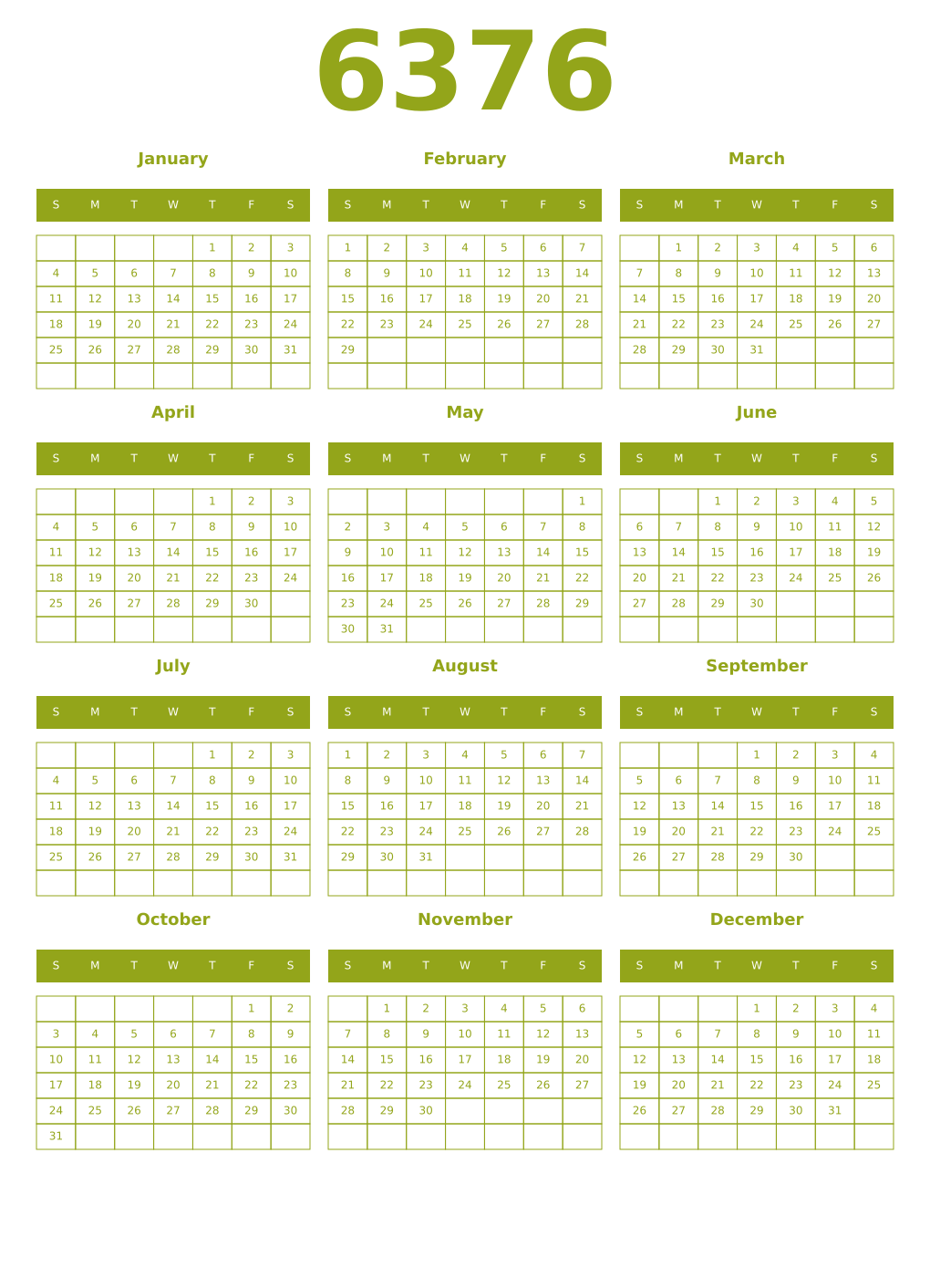 Printable 6376 Year Calendars chartreuse
