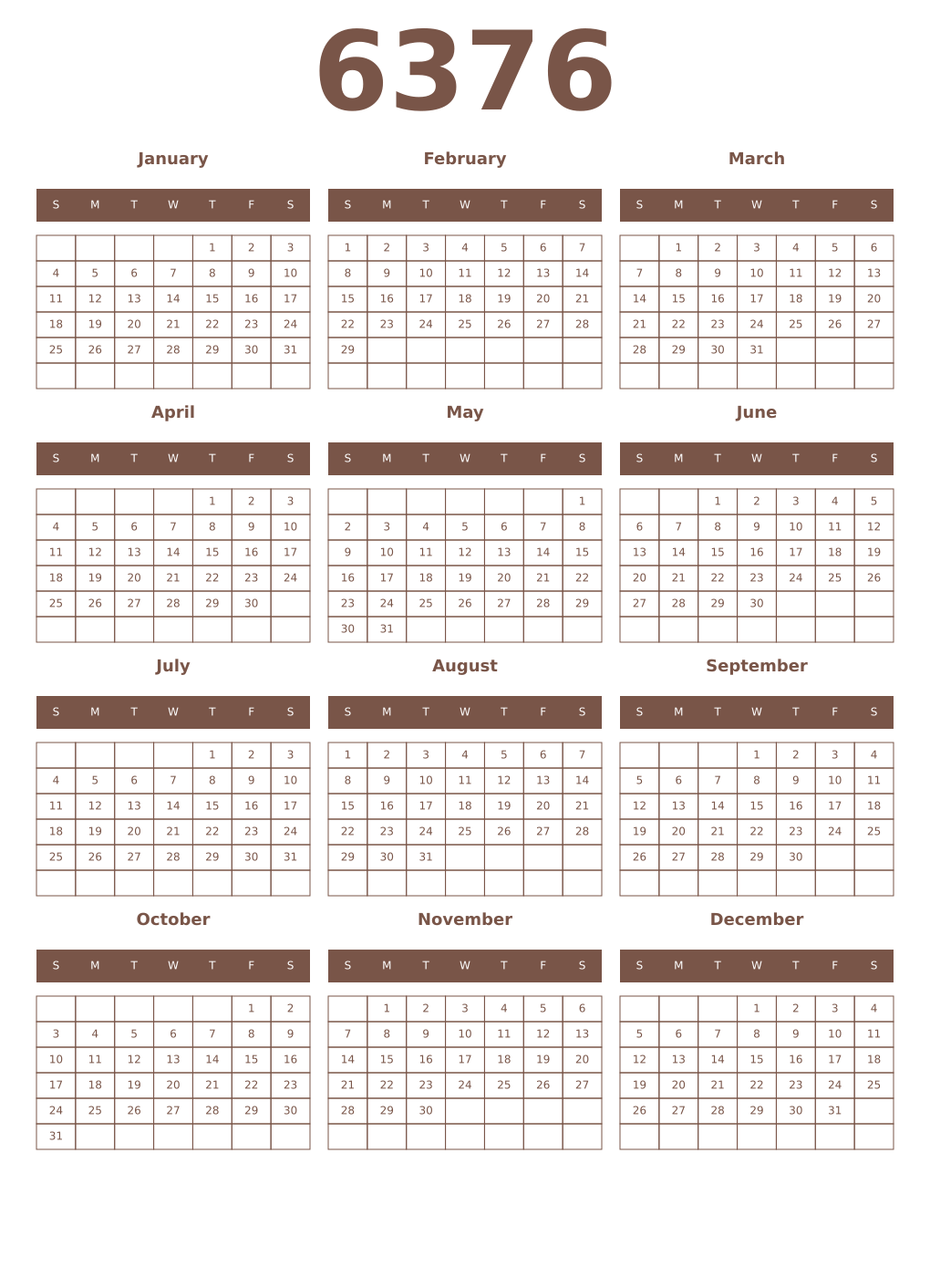 Printable 6376 Year Calendars coffe