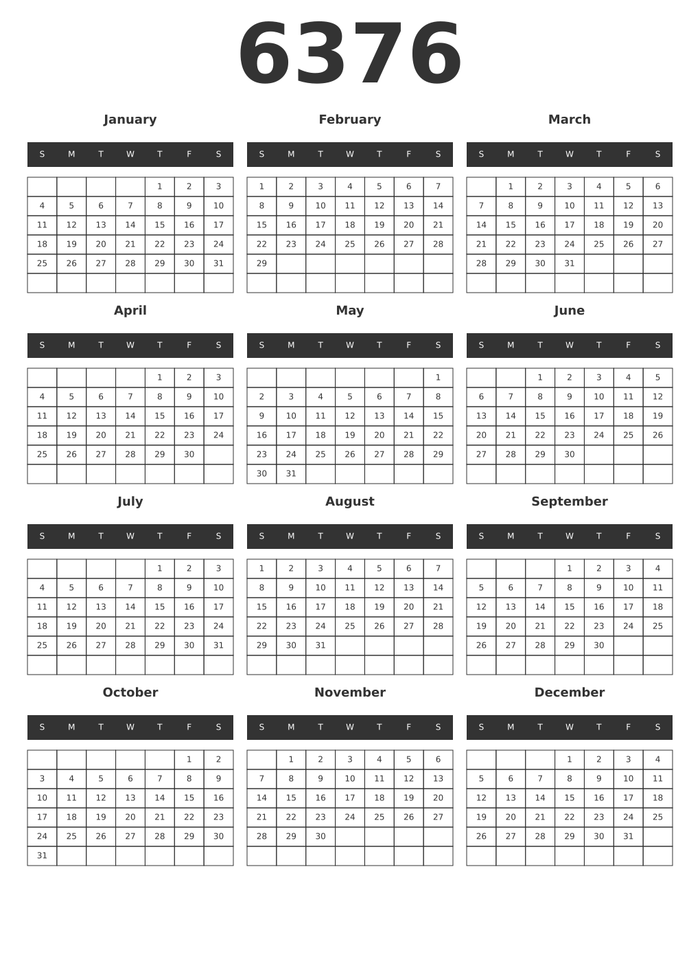 Printable 6376 Year Calendars dark