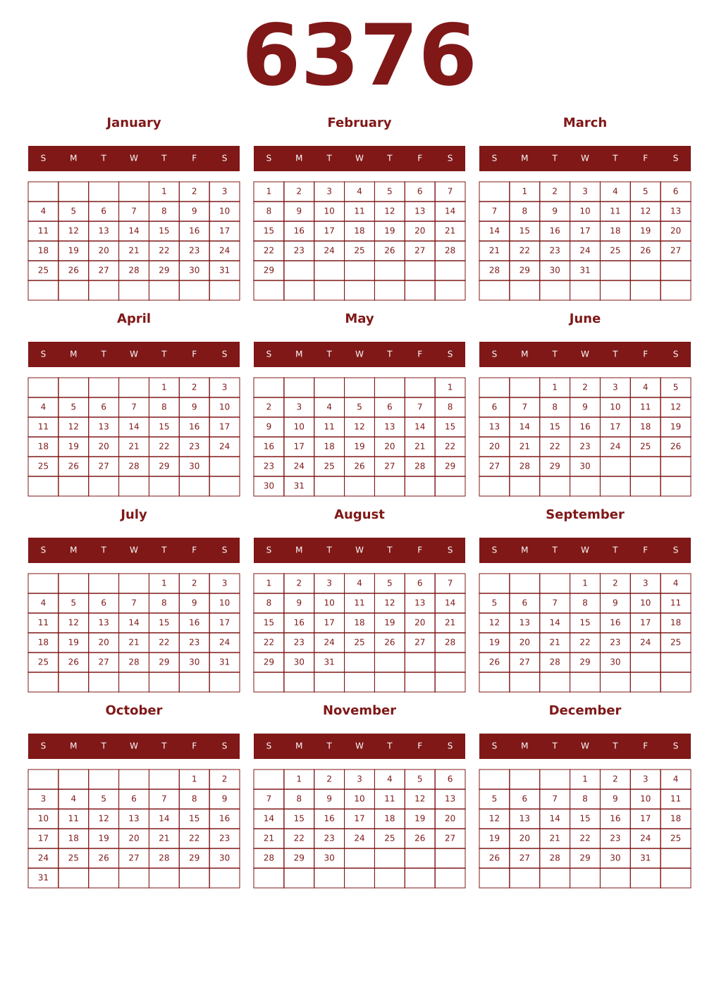 Printable 6376 Year Calendars falu