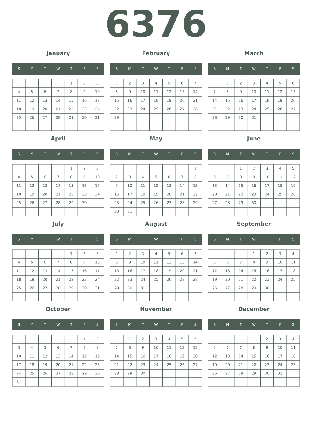Printable 6376 Year Calendars feldgrau