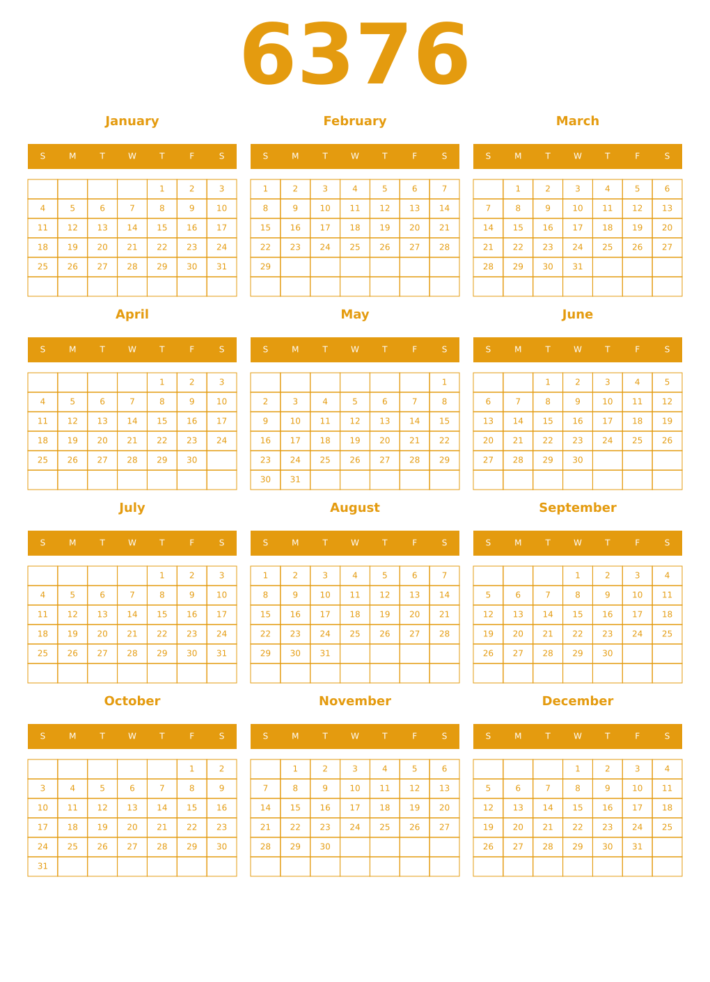 Printable 6376 Year Calendars gamboge