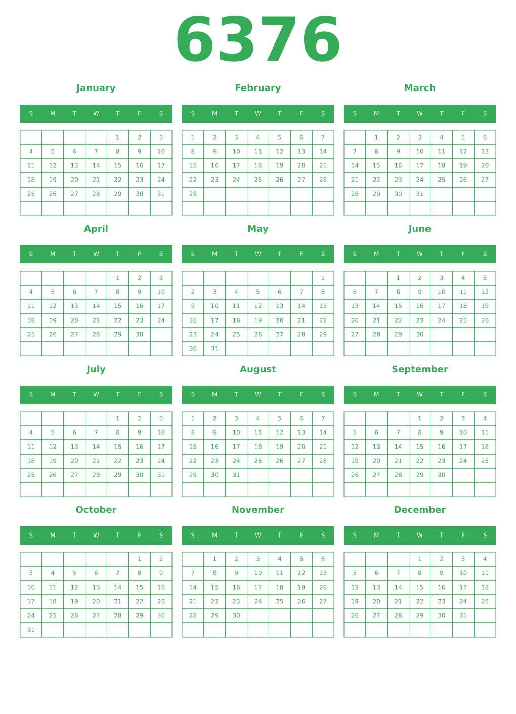 Printable 6376 Year Calendars green