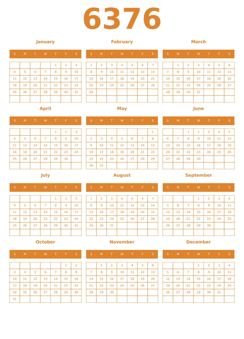Printable 6376 Year Calendars orange