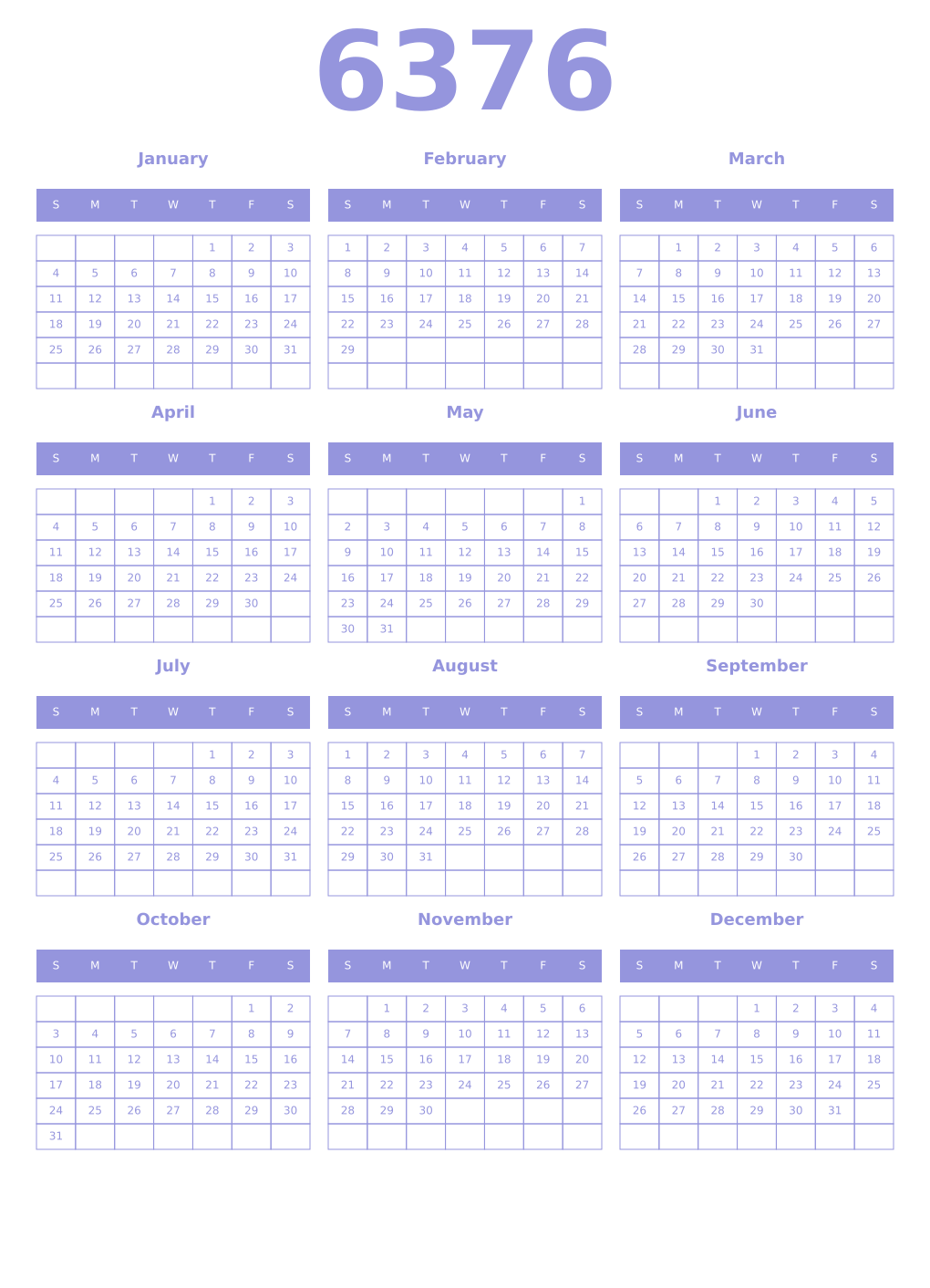 Printable 6376 Year Calendars periwinkle