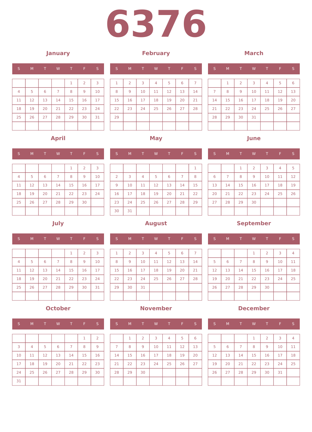 Printable 6376 Year Calendars puce
