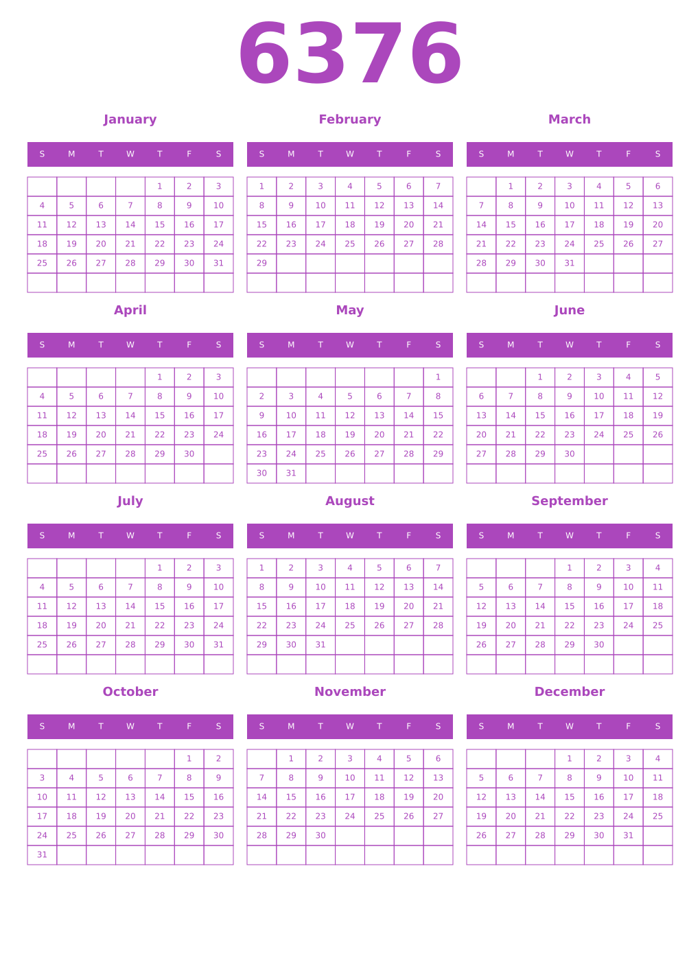 Printable 6376 Year Calendars purple