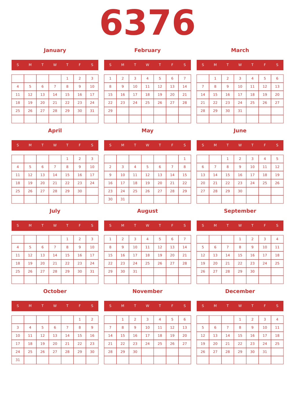Printable 6376 Year Calendars red