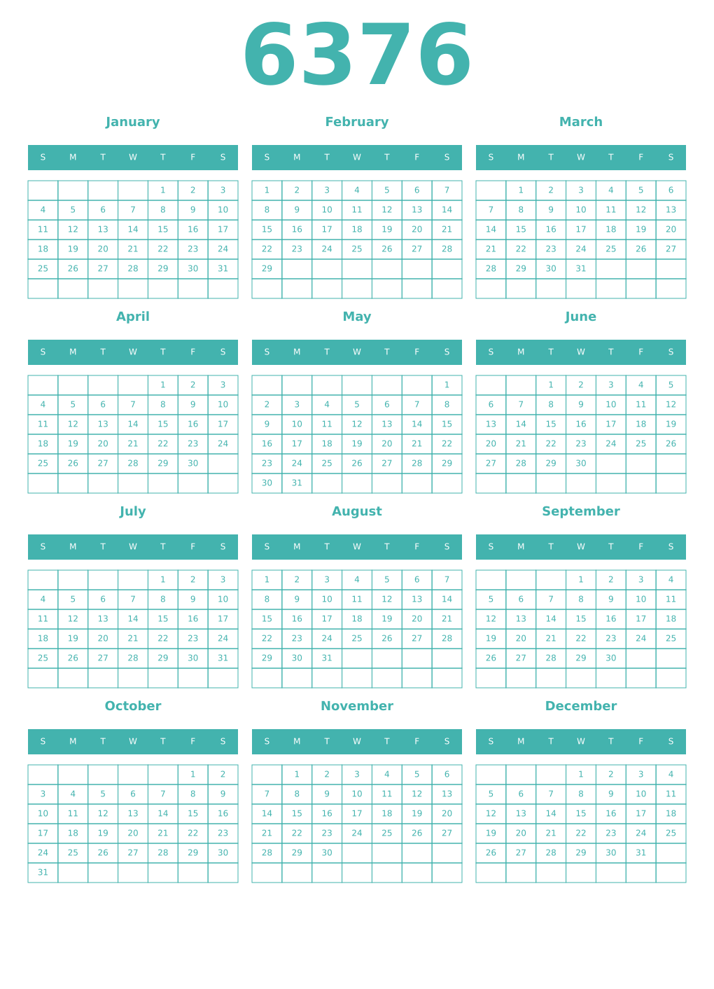 Printable 6376 Year Calendars verdigris