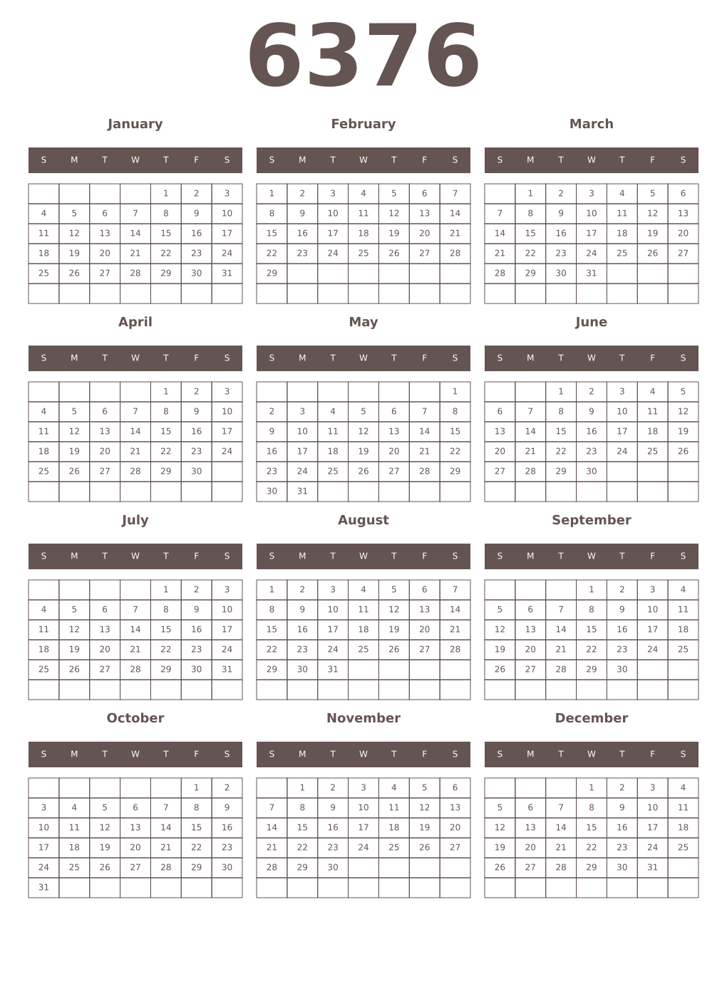 Printable 6376 Year Calendars wenge