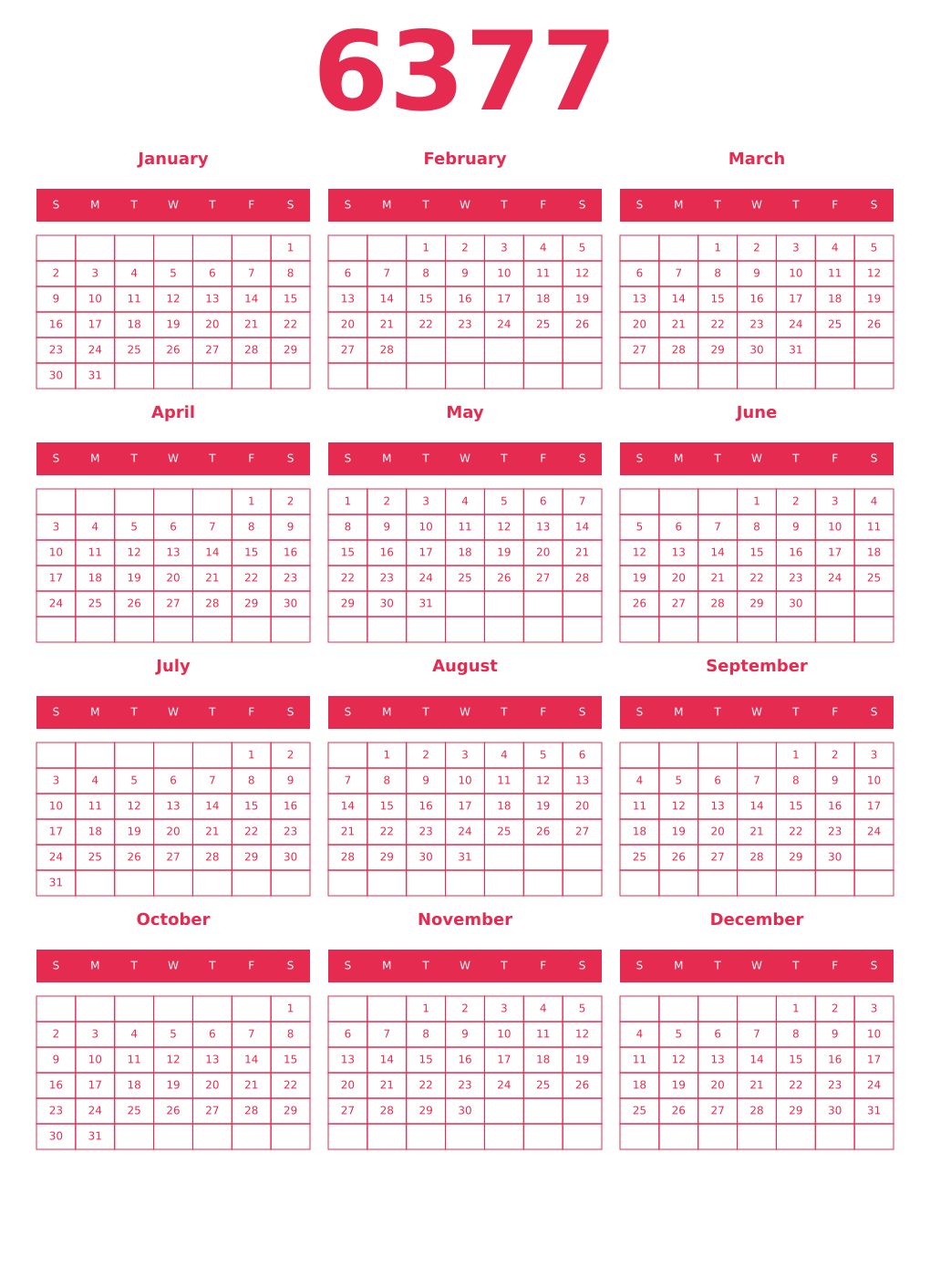 Printable 6377 Year Calendars amaranth