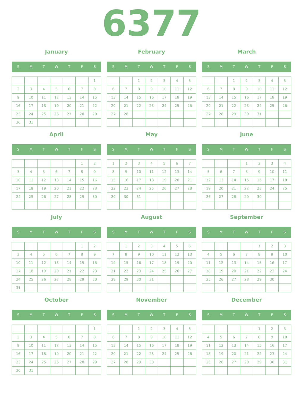 Printable 6377 Year Calendars celadon