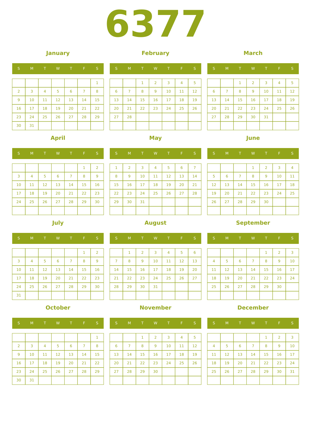 Printable 6377 Year Calendars chartreuse