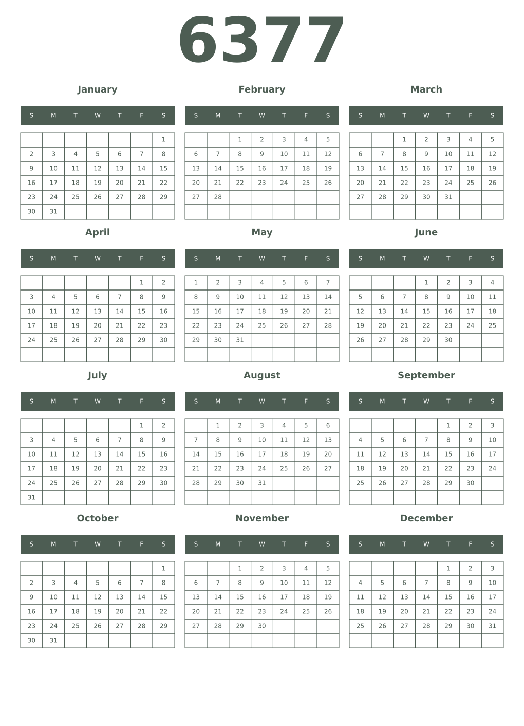 Printable 6377 Year Calendars feldgrau