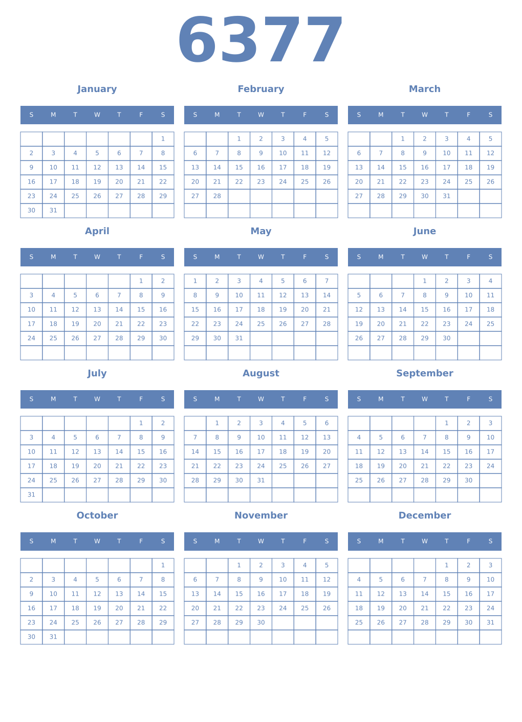 Printable 6377 Year Calendars glaucous