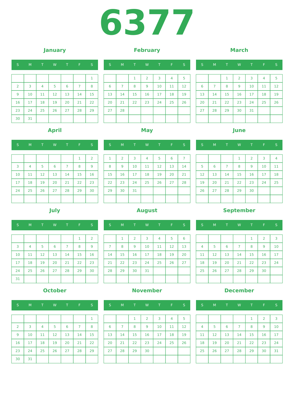 Printable 6377 Year Calendars green