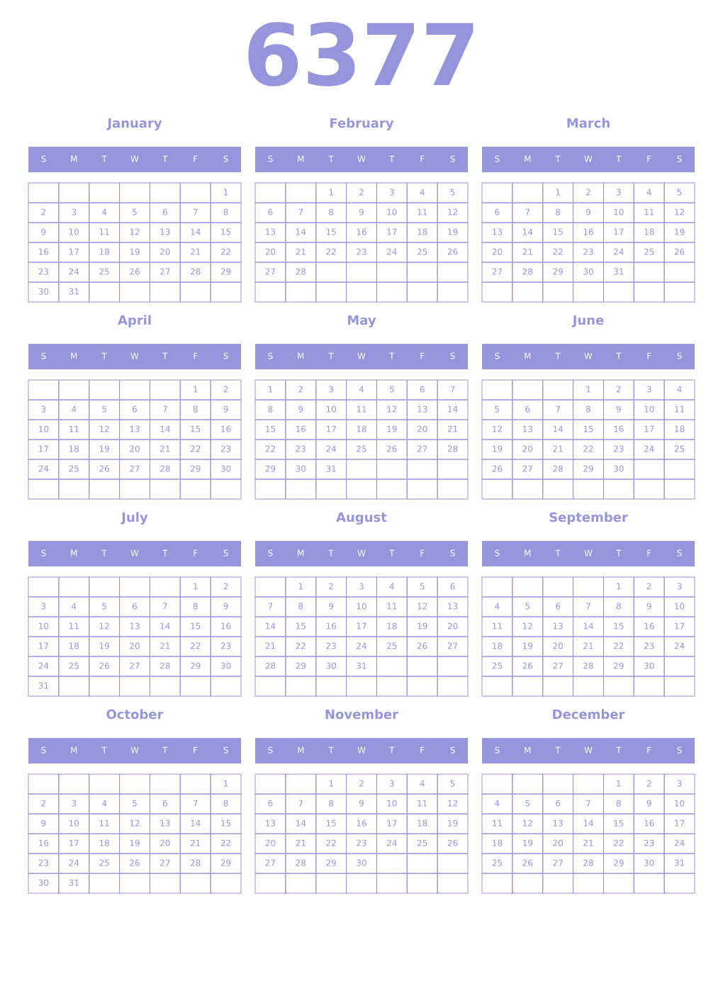 Printable 6377 Year Calendars periwinkle