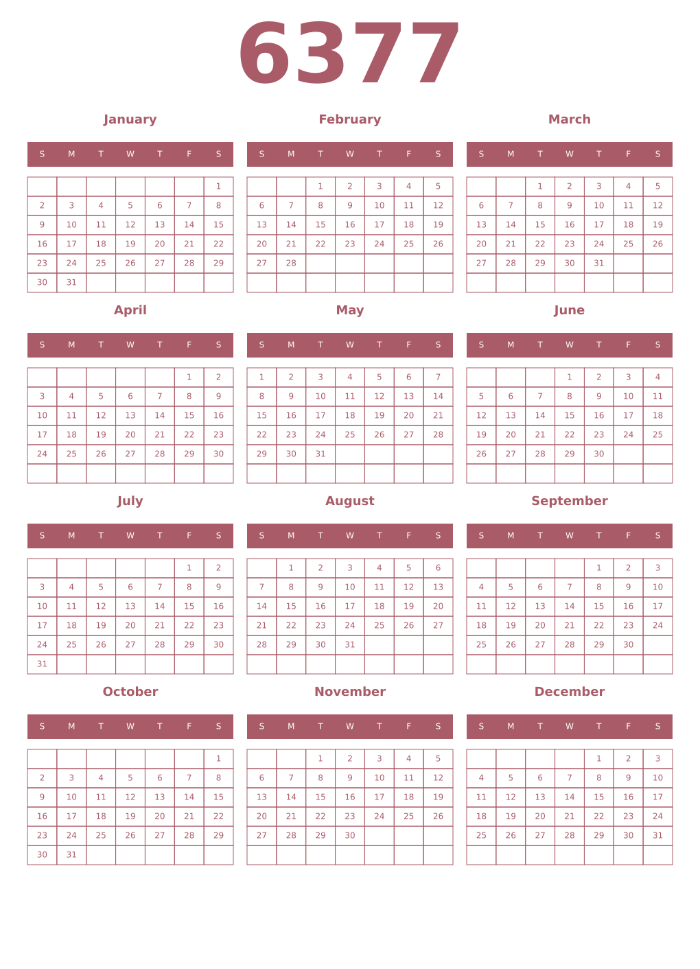 Printable 6377 Year Calendars puce