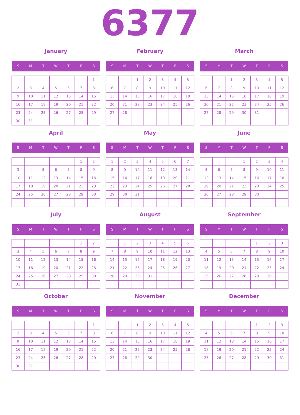 Printable 6377 Year Calendars purple