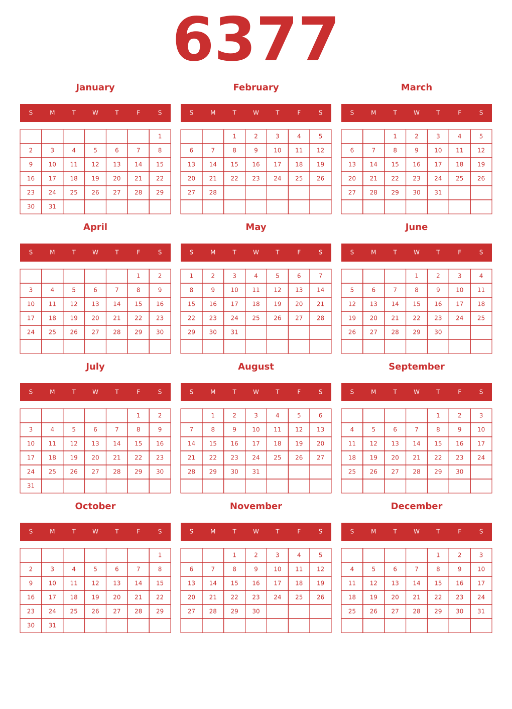 Printable 6377 Year Calendars red
