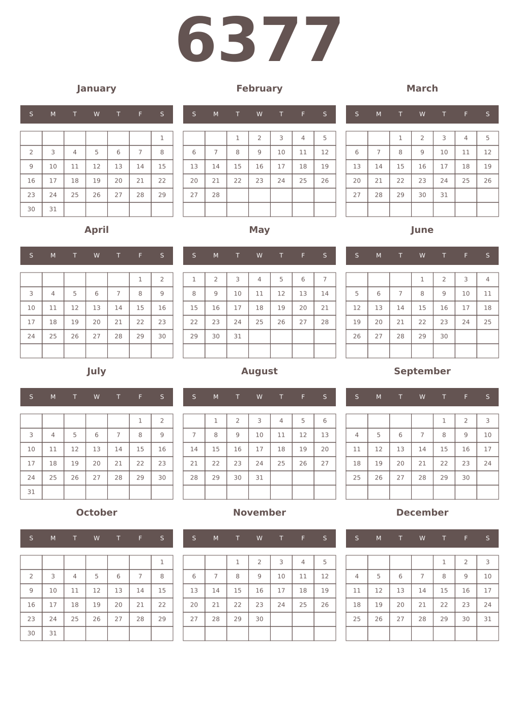 Printable 6377 Year Calendars wenge