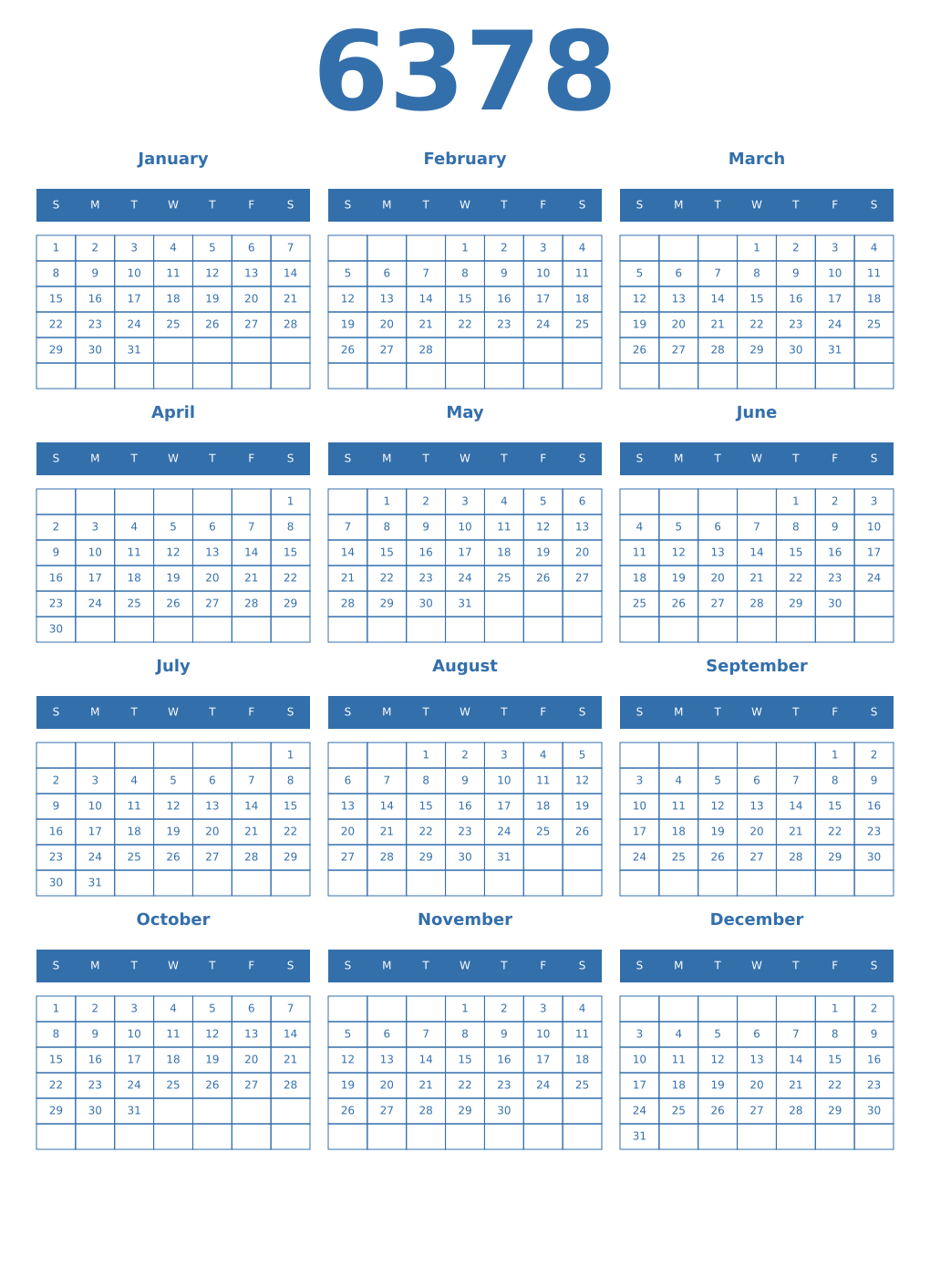Printable 6378 Year Calendars blue