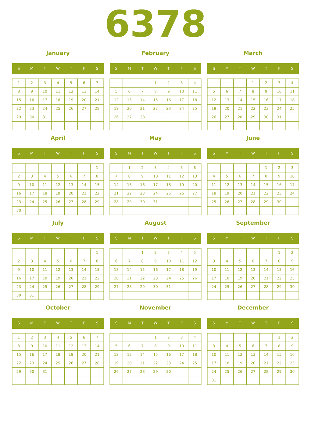 Printable 6378 Year Calendars chartreuse