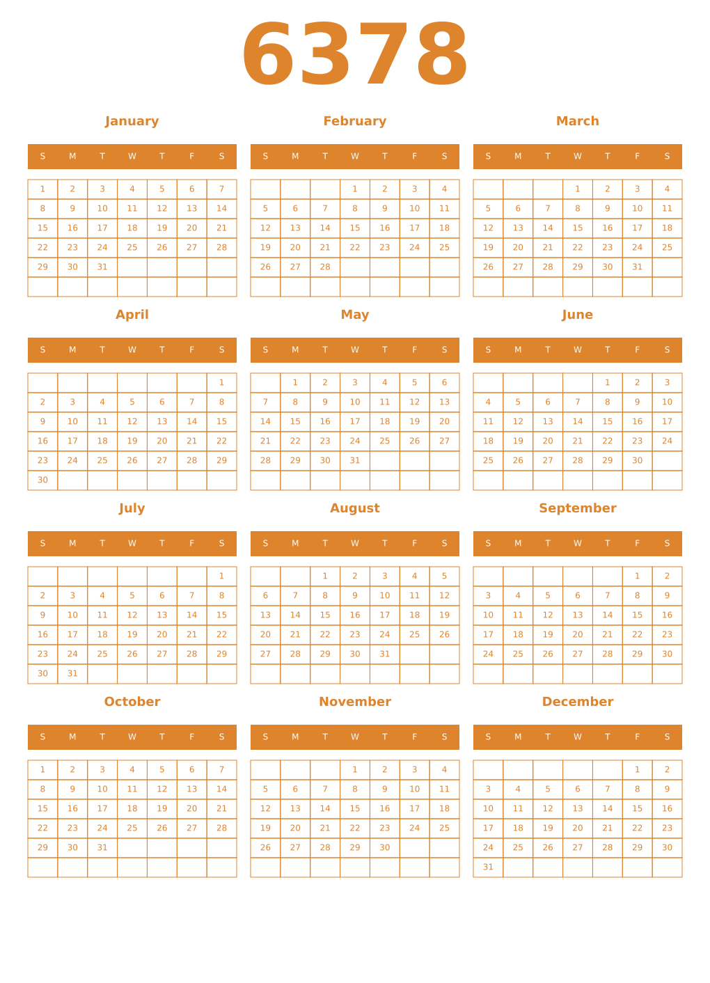 Printable 6378 Year Calendars orange