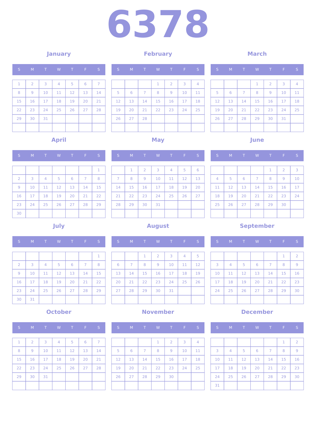 Printable 6378 Year Calendars periwinkle