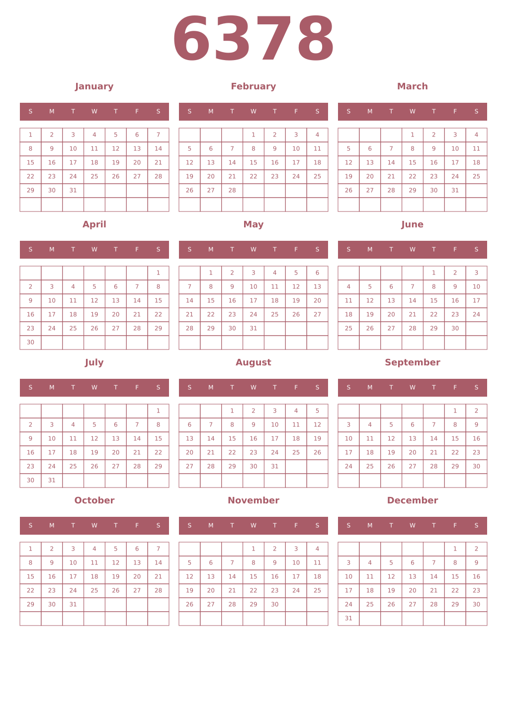 Printable 6378 Year Calendars puce