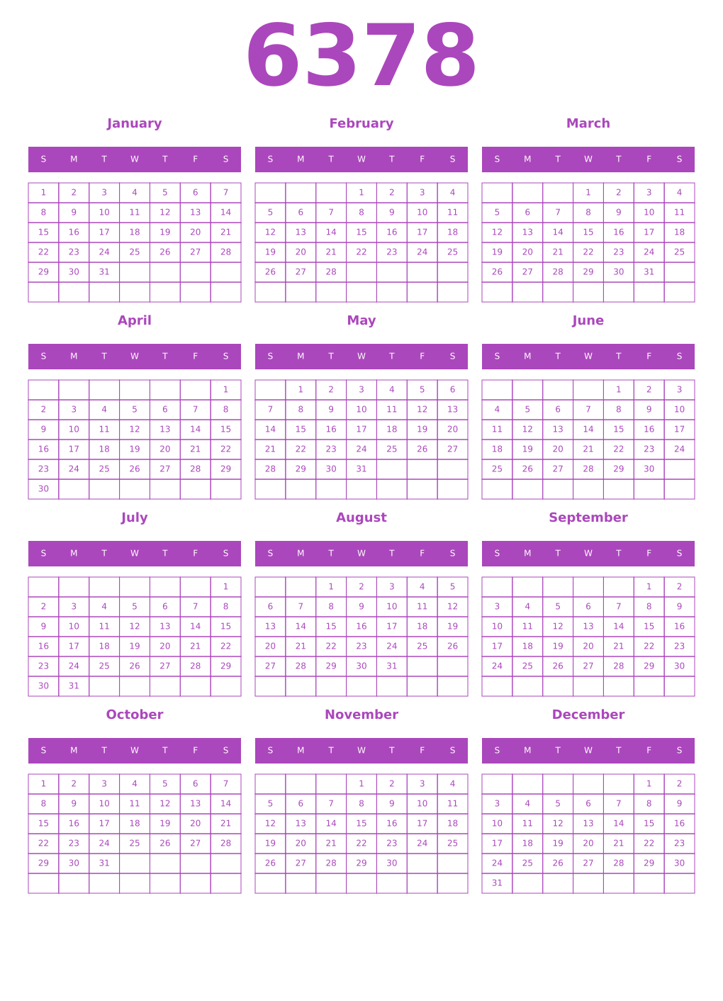 Printable 6378 Year Calendars purple