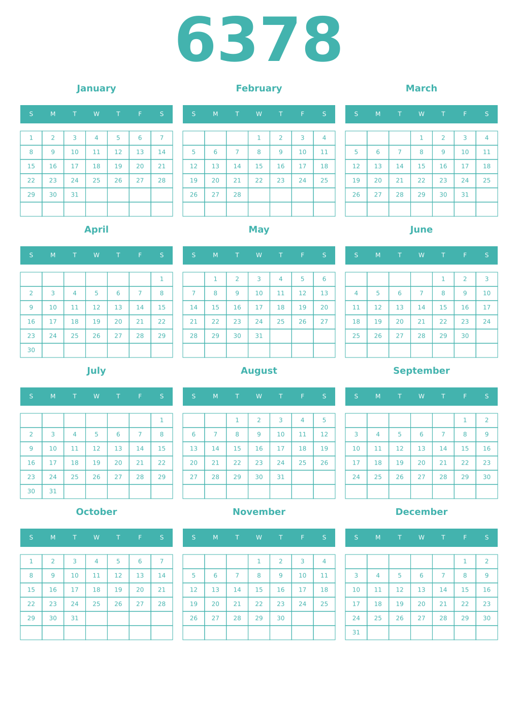 Printable 6378 Year Calendars verdigris