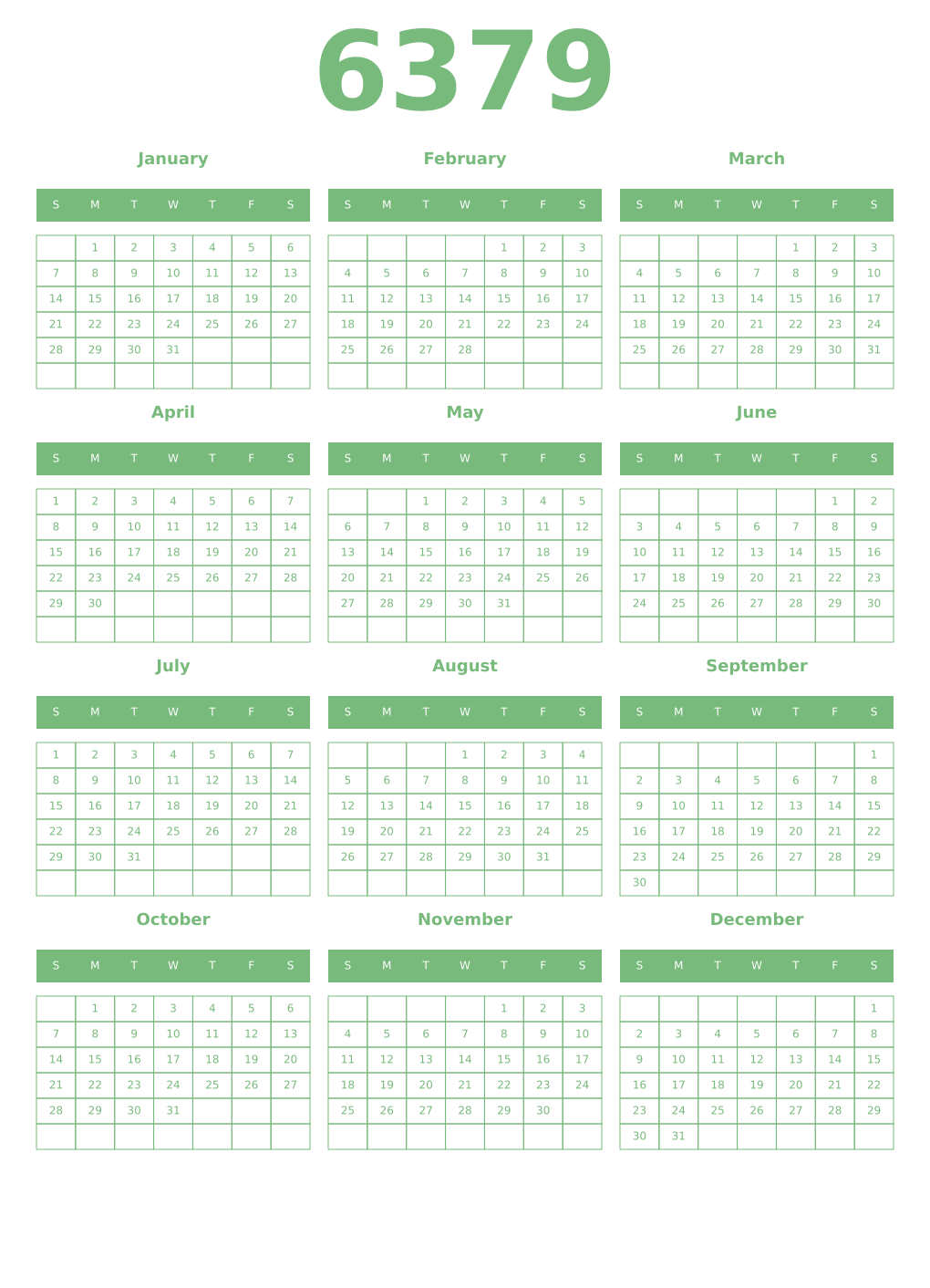 Printable 6379 Year Calendars celadon