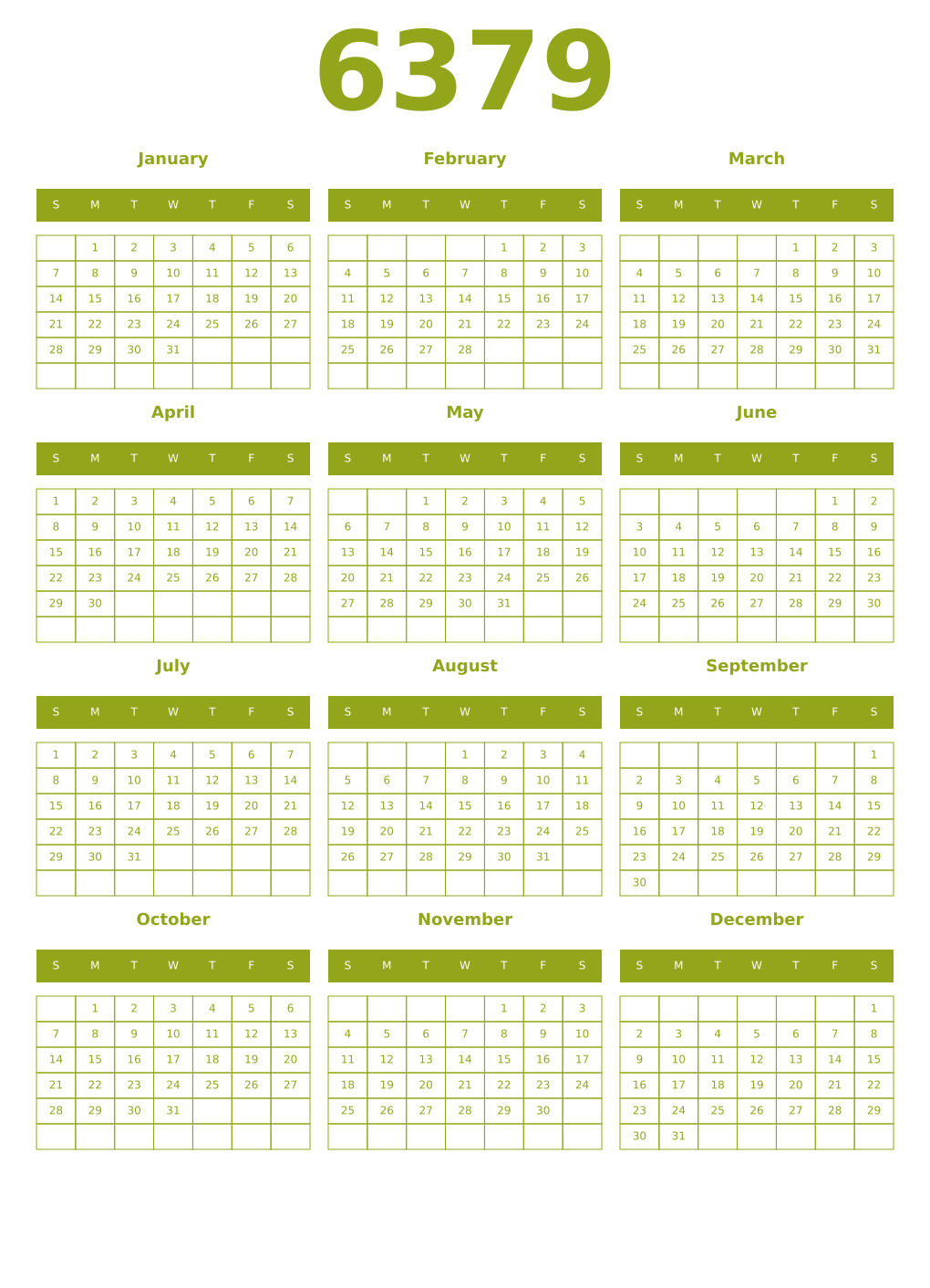 Printable 6379 Year Calendars chartreuse