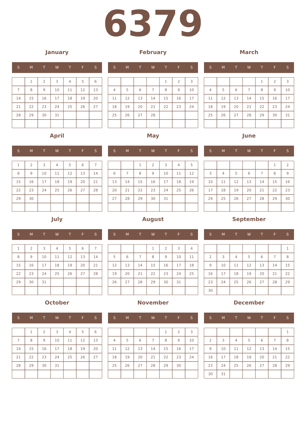 Printable 6379 Year Calendars coffe