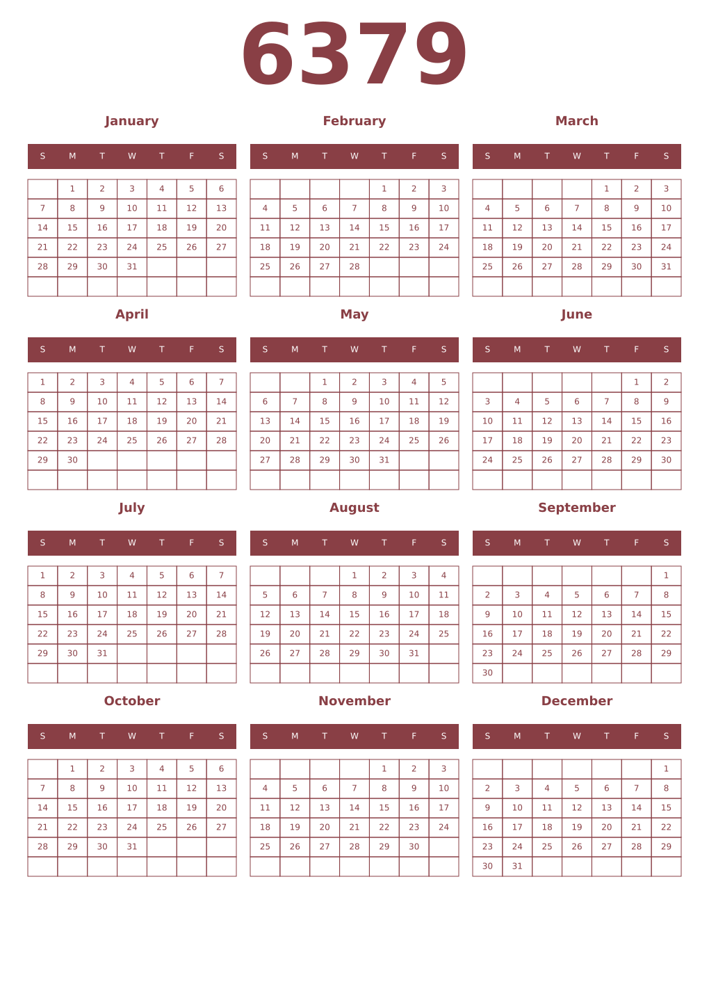 Printable 6379 Year Calendars cordovan