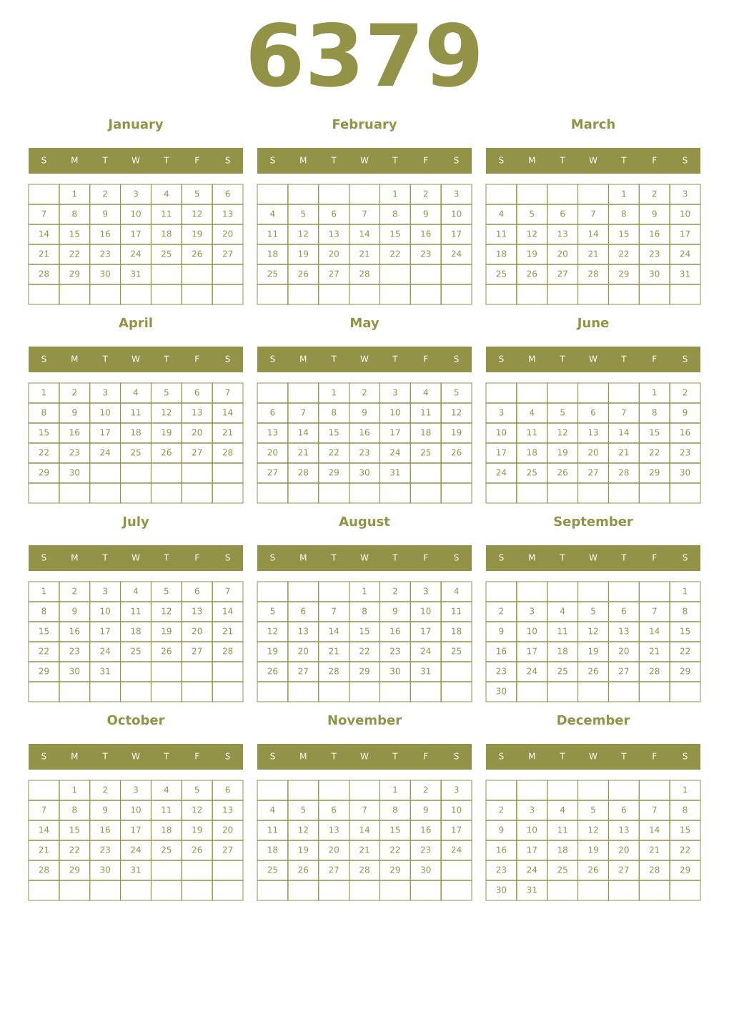 Printable 6379 Year Calendars eburnean