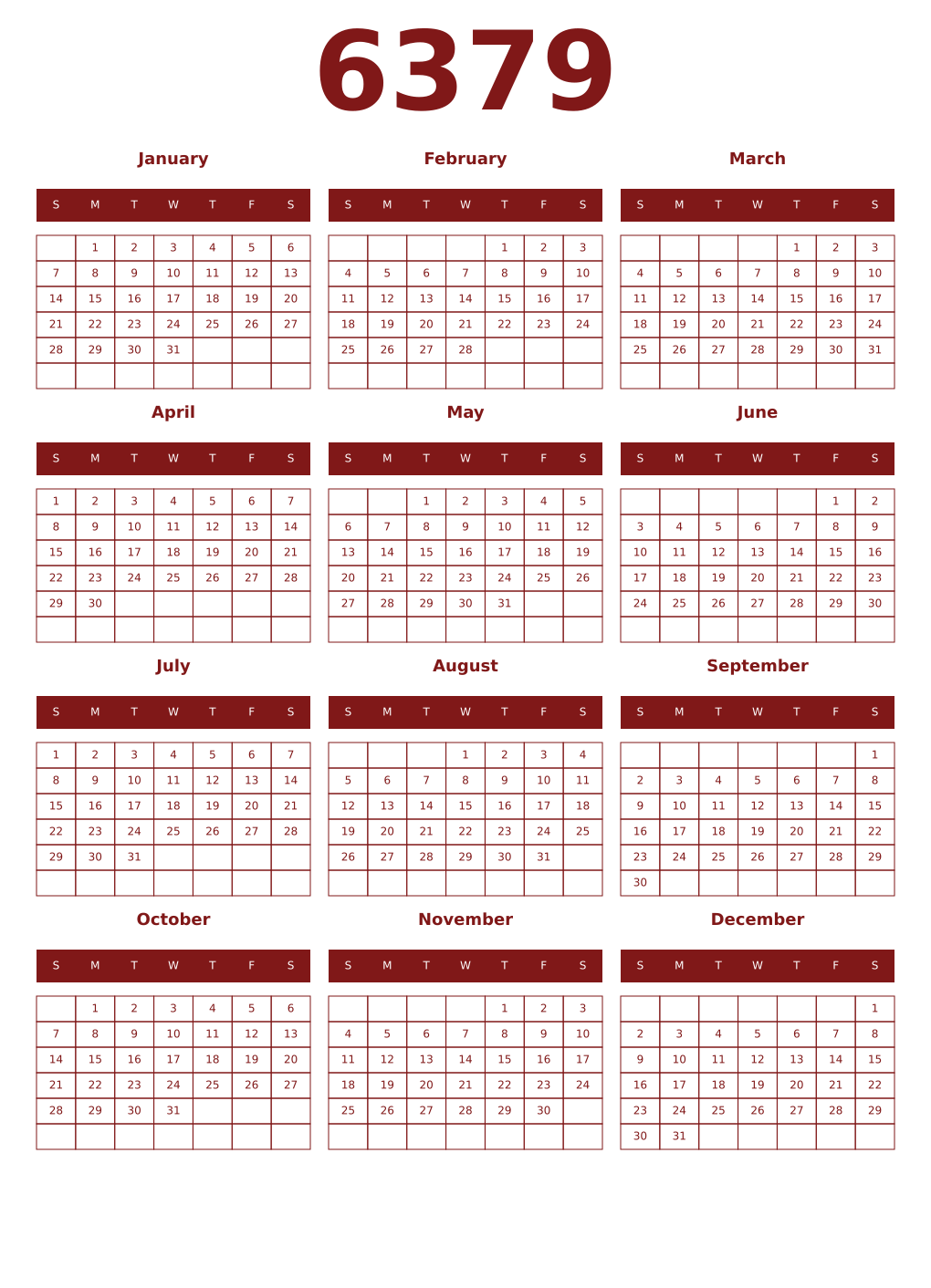 Printable 6379 Year Calendars falu